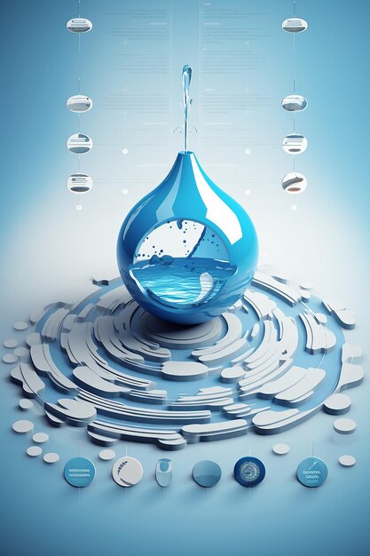 Photo create a 3drendered poster showing a minimalist stylized drop of water with ripples around it