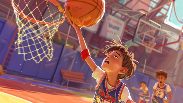 Фото Создайте сцену, в которой ребенок участвует в баскетбольном турнире, чувствуя смесь нервов.