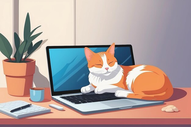 Фото Создать вектор домашнего животного, спящего рядом с человеком, работающим на ноутбуке