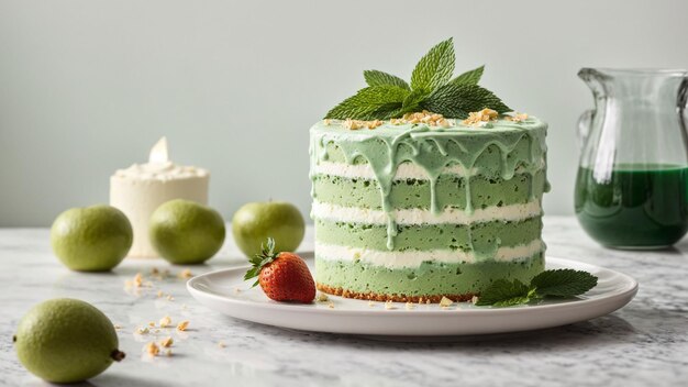 Фото Создайте визуально ошеломляющую композицию, сфотографировав зеленый кремовый торт на минималистской белой площадке