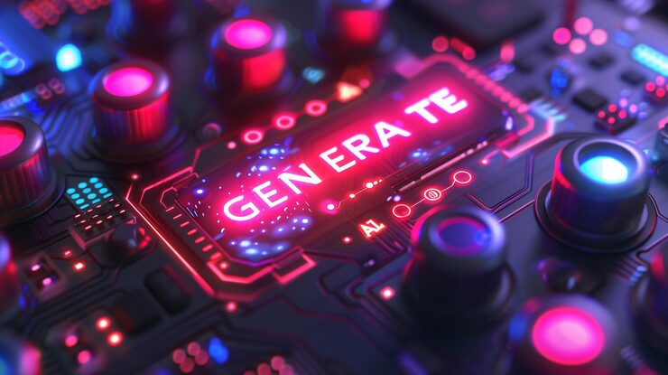 Photo create ai text using a button on the user interface with machine learning and 3d illustrations to generate image and text signs assisted by a computer and data science