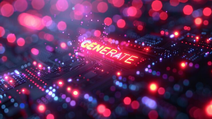 Photo create aigenerated content with a user interface button utilizing machine learning for a computer assistant that generates images and text with data science and 3d illustrations