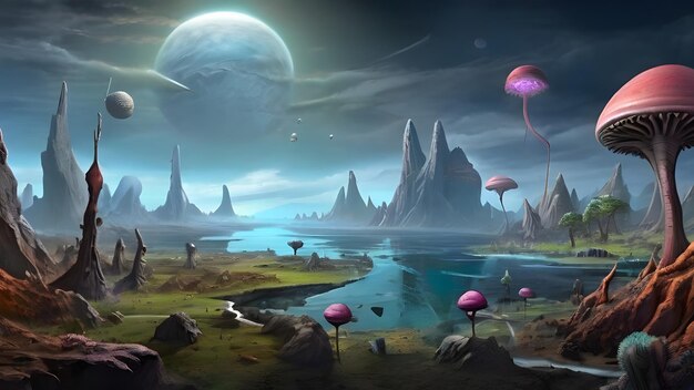 Photo create an alien planets ecosystem featuring bizarre flora and fauna strange geology and atmosphere