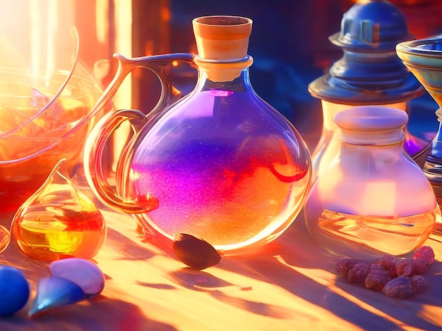 Create an animestyle illustration featuring a table adorned with an array of magical elixirs