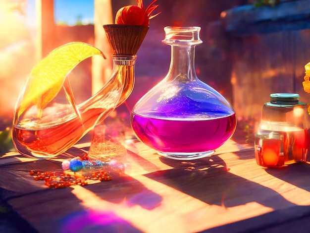 Create an animestyle illustration featuring a table adorned with an array of magical elixirs