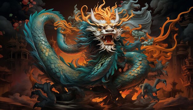 создать художественную интерпретацию китайского дракона животного года, созданного искусственным