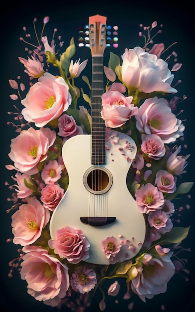 Foto creare una fusione artistica bianca e rosa dove una silhouette di chitarra