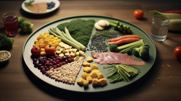 Foto creare un'opera d'arte che rappresenti un pasto equilibrato con proporzioni adeguate di proteine, cereali e verdure