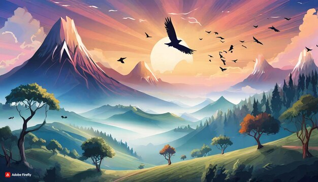 create a beautiful morning valley full with trees and birds moving and enjoying wind of mroning3