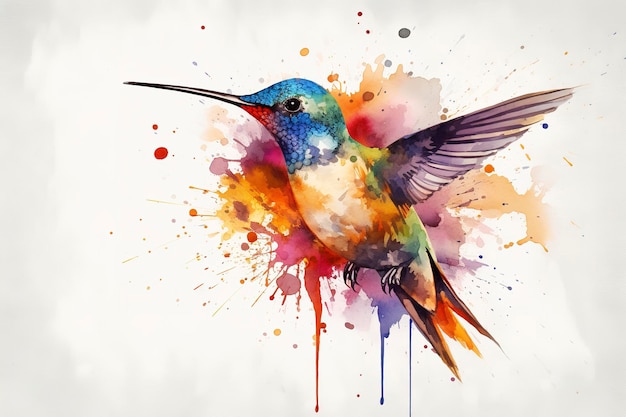 Создайте красивую картину, изображающую колибри, питающуюся нектаром. Акварельная живопись, красивые естественные формы, четкие чистые формы, красочный белый фон, сгенерируйте ai