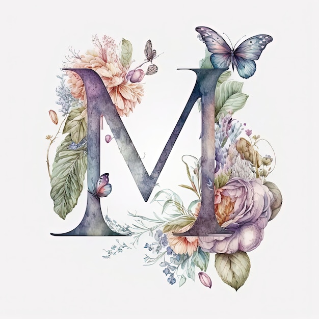 Create beautiful and trendy floral monogram with letter M generative ai