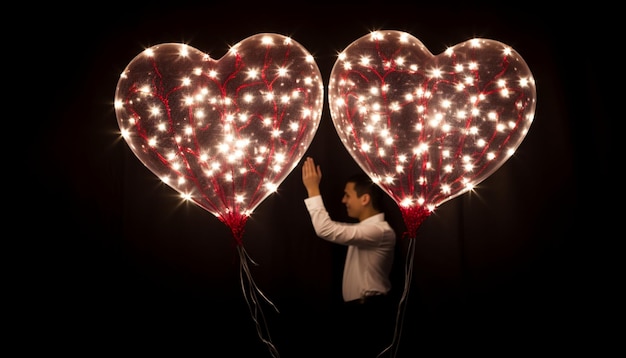 Создайте букет воздушных шаров в форме сердца с светодиодными лампами внутри Когда пара держит воздушные шары, огни освещают, создавая волшебную и неожиданную атмосферу
