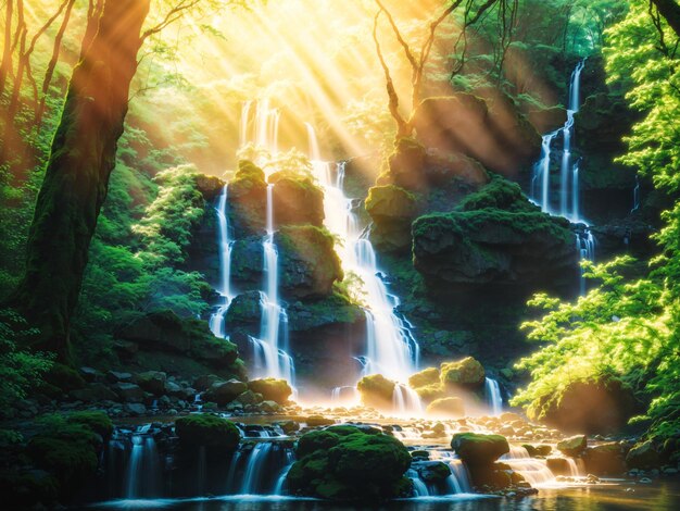 Photo create a calming scene of a peaceful waterfall nestled within a lush forest with sunlight gently st