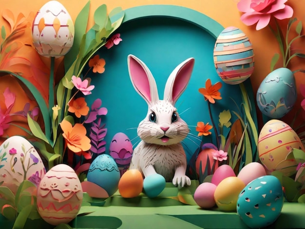 Create a captivating 3D Easter scene a colorful meadow with decorated Easter eggs a charming bunny