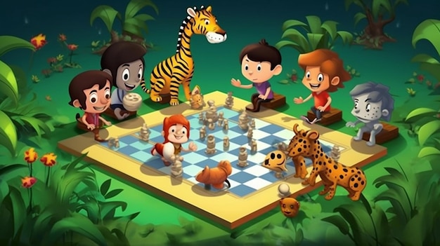 Create a cartoon scene of kids playing junglethemed board games