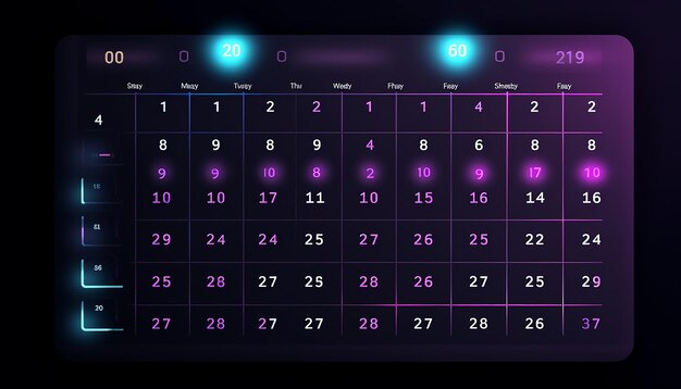 Photo create clean calendar with numbers with color purple and blue with black background