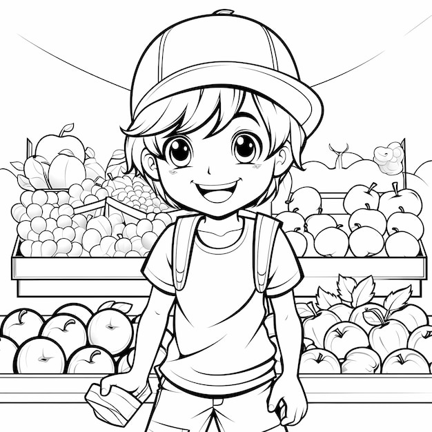 Premium AI Image  create coloring page for kids of Farmers market with  fresh produce