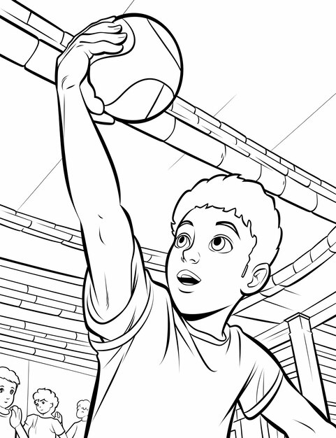 create coloring page for kids of Kids A young volleyball player spiking the ball