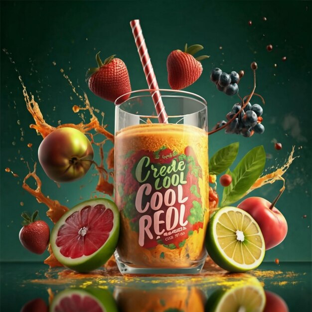 Создать прохладное красное и желтое изображение порошкового сока с зелеными фруктами вокруг на стеклянном стакане