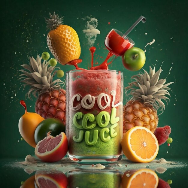 Create cool reds and yelow powder juice image with green fruits surrounding on the glass glass