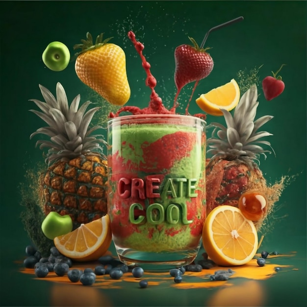 Create cool reds and yelow powder juice image with green fruits surrounding on the glass glass