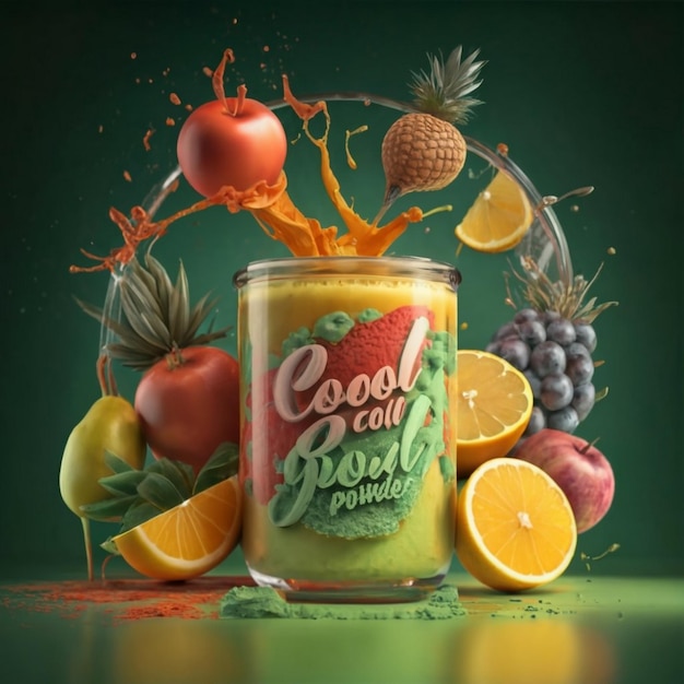 Create cool reds and yelow powder juice image with green fruits surrounding on the glass glass