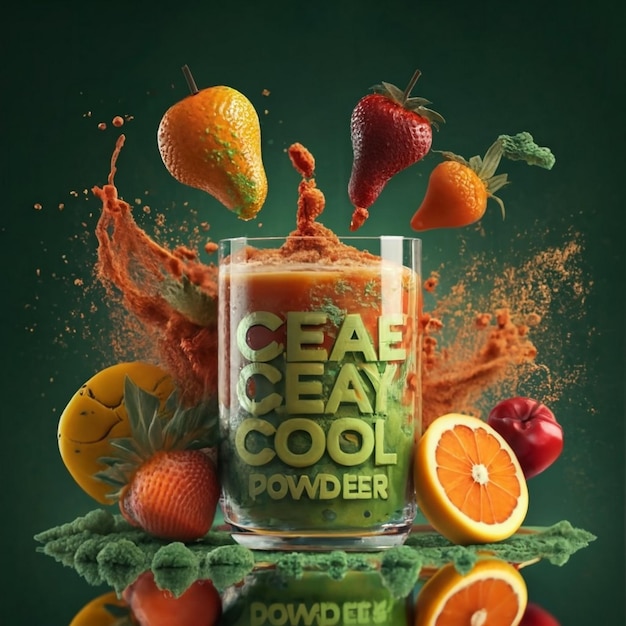 Photo create cool reds and yelow powder juice image with green fruits surrounding on the glass glass