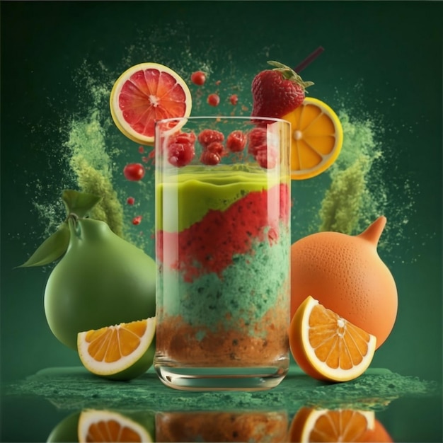 赤と黄色の粉末のジュースイメージを作成する 緑の果物をグラスグラスに囲む
