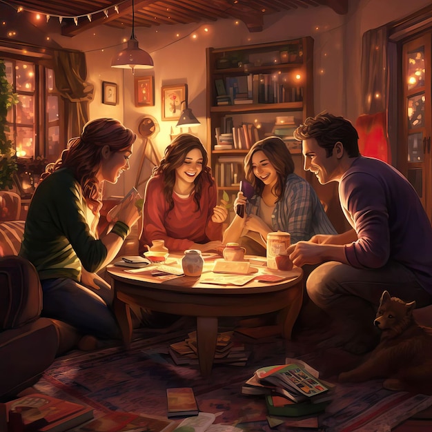 Create a cozy scene of friends enjoying a night in filled with games and laughter