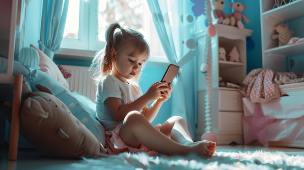 Foto creare una foto carina della bambina che si siede nella stanza del bambino e tiene il cellulare