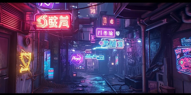 Create a cyberpunk alleyway with neon signs and futuristic advertisements
