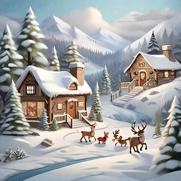 Create a design featuring a charming winter landscape with snowcovered trees cute woodland creatur