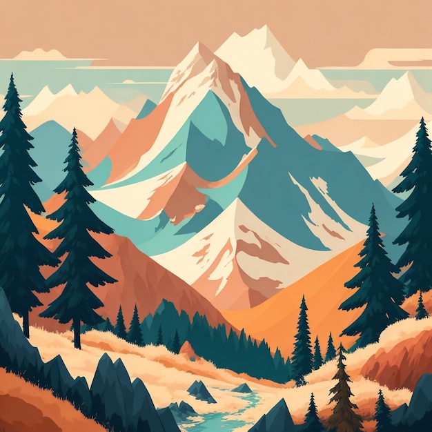 平らなデザインで山の風景の詳細なイラストを作成します