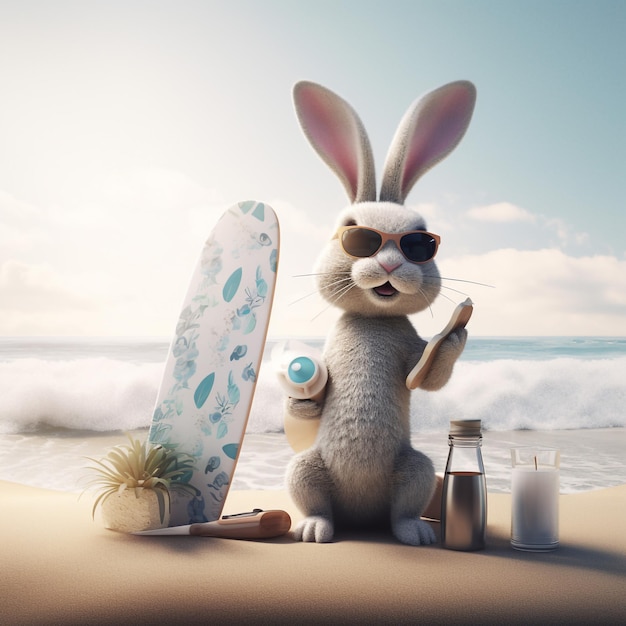 create a digital art piece of a bunny enjoying a beach