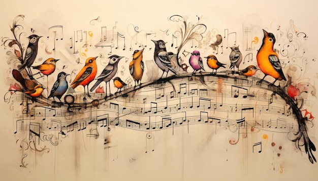 Photo create a drawing featuring various bird species perched on musical notes or staff lines creating a harmonious composition 1