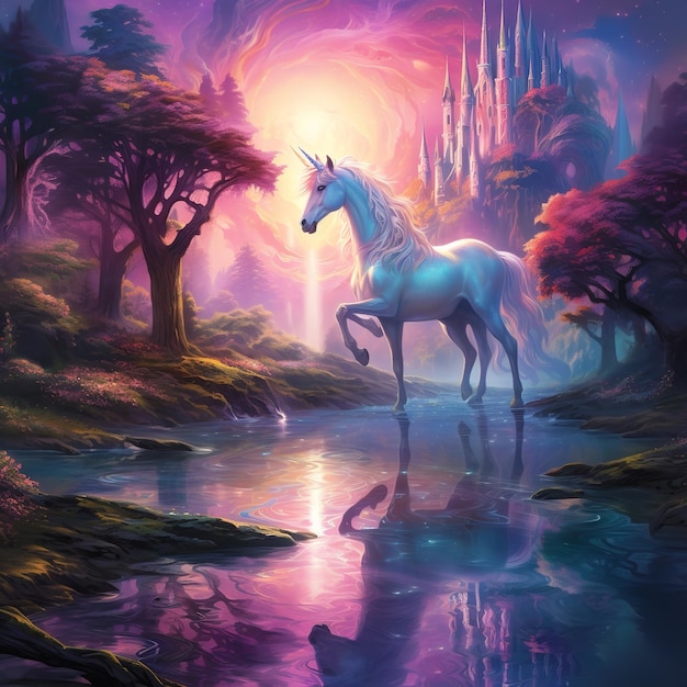 Create a dreamscape where mythical creatures roam unicorn Ai generative