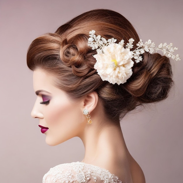 Create an elegant image of a woman with a classic updo hairstyle adorned with delicate flowers generative ai