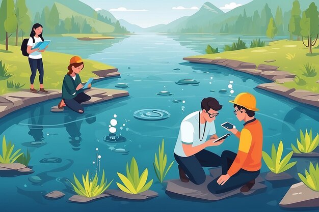 Photo create a flatstyle illustration of students using advanced sensors to monitor water quality vector illustration in flat style