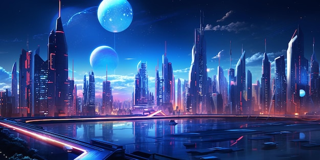 Create a futuristic cityscape background with neon lights and holographic billboards