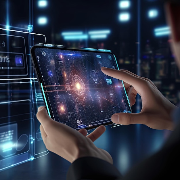 Create a futuristic technology concept image featuring a holographic interface displayed