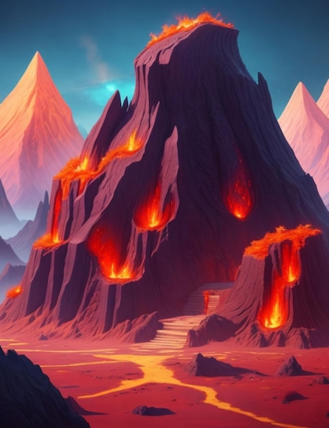 Create a game background with a fantasy style featuring a volcanic area with flowing magma