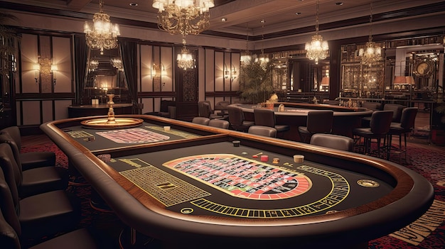 Create a glamorous casino atmosphere with decorations like chandeliers gold and silver balloons and elegant floral arrangements Generated by AI