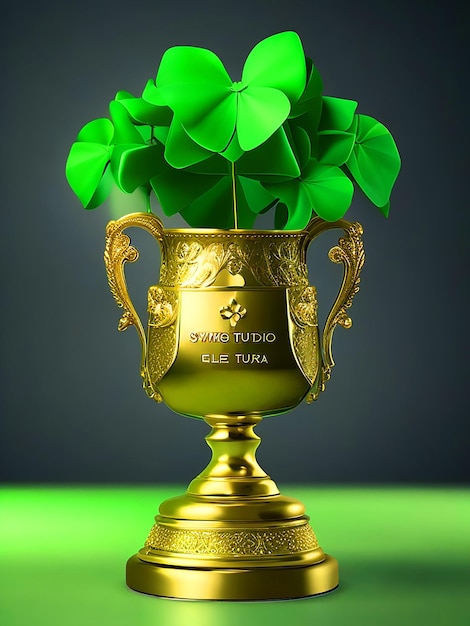 Foto creare un trofeo d'oro con il simbolo di un trifoglio verde chiaro a 4 foglie che dice casa rifa tudoimage