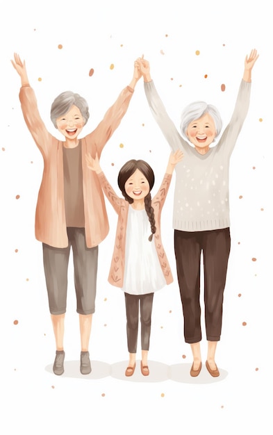 Create grandmother mother and daughter with the exact same outfit holding their hands