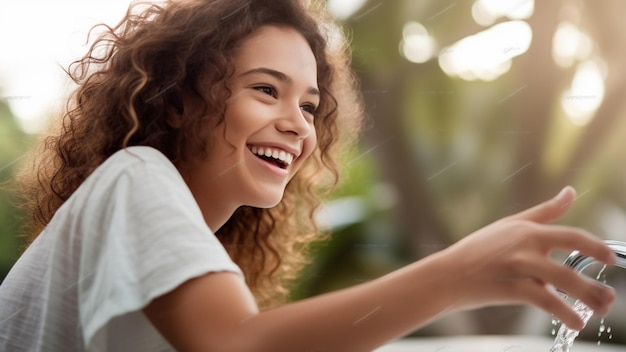 Foto creare una donna brasiliana bianca felice con i capelli castani, una giornata di sole, una luce verdastra, usare una fotocamera canon eos r5