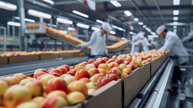 create a highquality realistic photograph of staff packing apples into boxes on a conveyor line