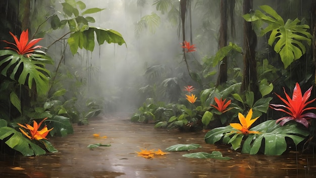 Foto crea un dipinto iperrealistico di una foresta pluviale tropicale durante una forte pioggia