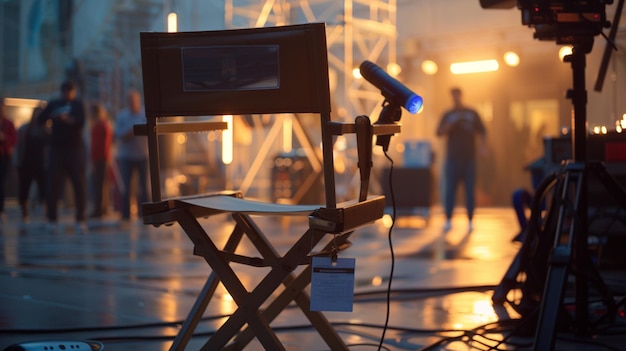 Create an iconic image featuring an empty directors chair with a name tag and a megaphone resting beside it set against the backdrop of a busy film set