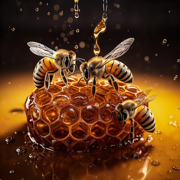 create illustration of bees and a hive with honey