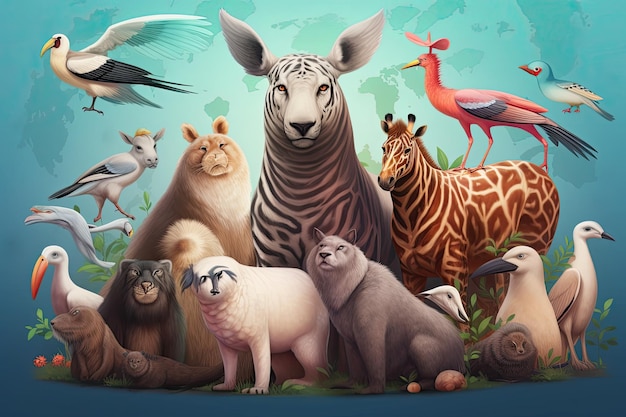 Foto creare un'illustrazione di un gruppo diversificato di animali che festeggia la giornata mondiale degli animali